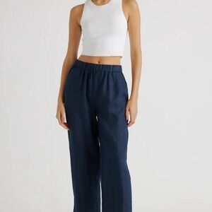 Quince Women's Wide Leg Navy Blue 100% Linen Pants